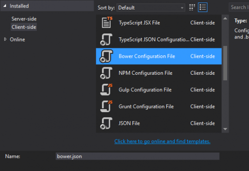 screenshot: Adding Bower configuration file